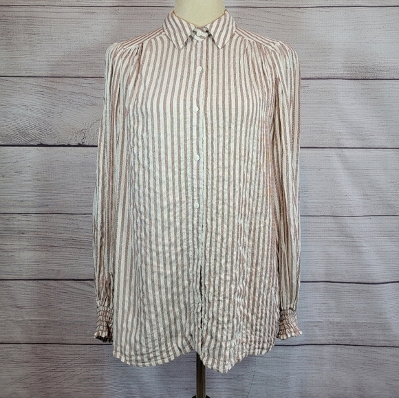 𝅺MAX Studio Striped Collared Button Up Long Sleeve Tunic Top Size Medium - Picture 1 of 7